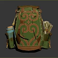 Green And Orange Backpack With Decorative Spiral Patterns And Scrolls In Side Pocket