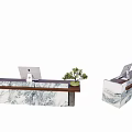 Modern Reception Desk With Marble Countertop Computers And Small Potted Plants 3d model