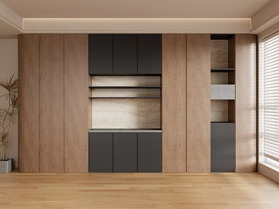 Modern Wardrobe Interior Design With Wooden Panels Black Doors And Open Shelves 3d model