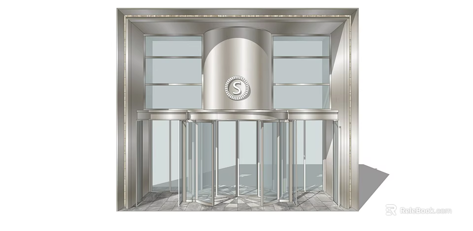 Modern Building Entrance Featuring Revolving Door With Metal Frame And Glass Panels 3d model 