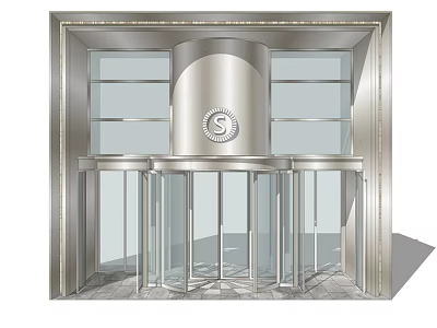 Modern Building Entrance Featuring Revolving Door With Metal Frame And Glass Panels 3d model