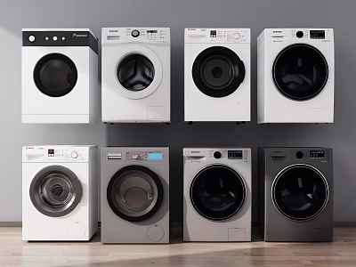 Multiple Modern Washing Machines in Various Models and Colors Arranged in Two Rows 3d model