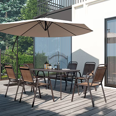 Outdoor Sofa and Coffee Table Set with Umbrella and Green Plants on Patio 3d model