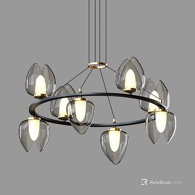 Modern Transparent Glass Chandelier With Circular Frame And Petal Shaped Illuminated Shades 3d model 