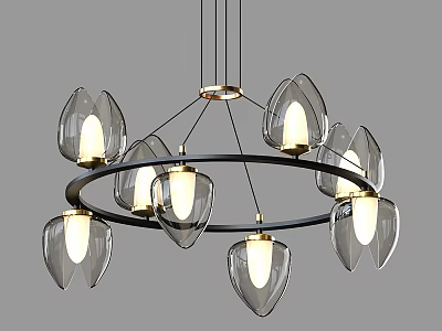 Modern Transparent Glass Chandelier With Circular Frame And Petal Shaped Illuminated Shades 3d model