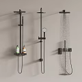 Modern Black Shower Systems With Rain Shower Head Handheld Sprayer And Shelf Holding Bath Products