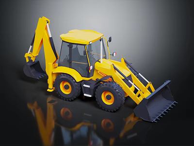 Yellow Backhoe Loader Construction Vehicle With Front Bucket Rear Excavator Arm On Black Background 3d model