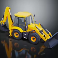 Yellow Backhoe Loader Construction Vehicle With Front Bucket Rear Excavator Arm On Black Background