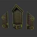 Wooden Scene Components with Gabled Top and Symmetrical Side Panels Textured Surface and Carved Details