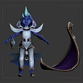 Blue Spiked Headdress Character With White Outfit And Glowing Accessory Near Giant Shell Creature