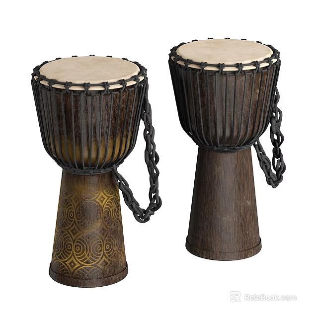 Two Traditional Wooden Musical Drums With Light Colored Heads Carved Patterns And Chain Details 3d model 