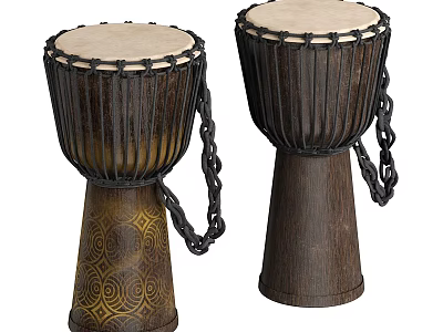 Two Traditional Wooden Musical Drums With Light Colored Heads Carved Patterns And Chain Details 3d model