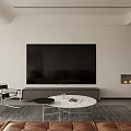 Modern Living And Dining Room Interior With Circular Pendant Light Sofa TV Fireplace And Blinds