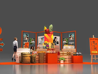Retail Display Stand With Orange Structure Fruits Beverages Wooden Crates Posters And Green Plants 3d model