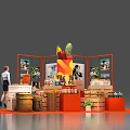 Retail Display Stand With Orange Structure Fruits Beverages Wooden Crates Posters And Green Plants
