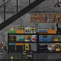Organized Garage Interior With Tool Board Black Shelves Cans Tires Gray Walls And Welcome Sign