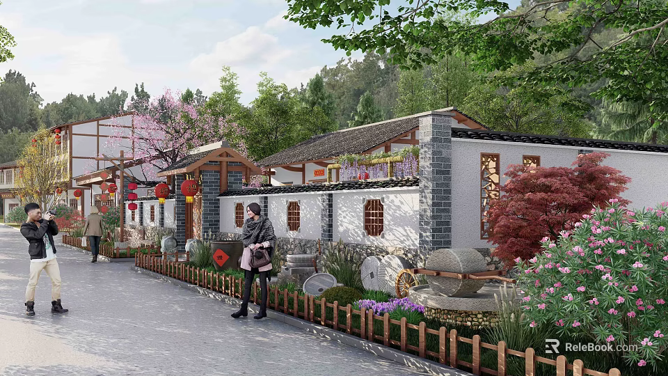 Traditional Chinese Village Scenic Area With White Walls Gray Tiles Red Lanterns And Greenery 3d model 