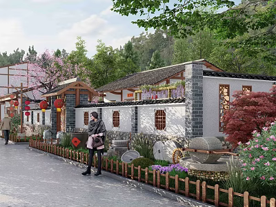 Traditional Chinese Village Scenic Area With White Walls Gray Tiles Red Lanterns And Greenery 3d model