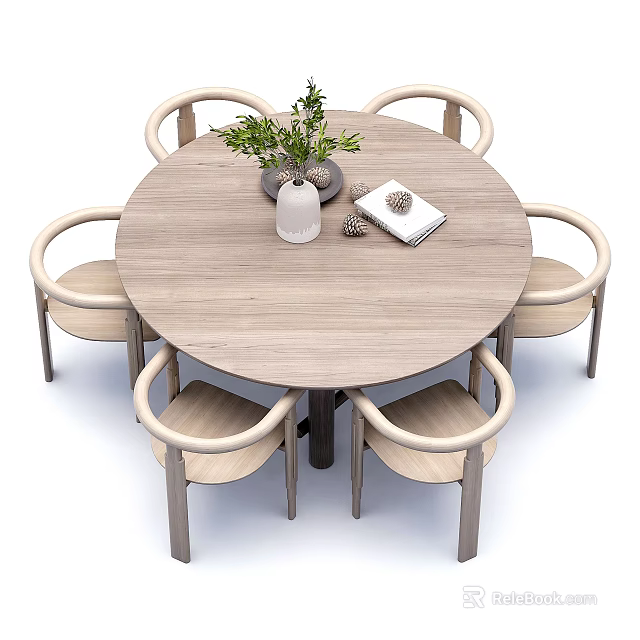 Round Wooden Dining Table Set With Six Curved Armrest Chairs And Decorative Items 3d model