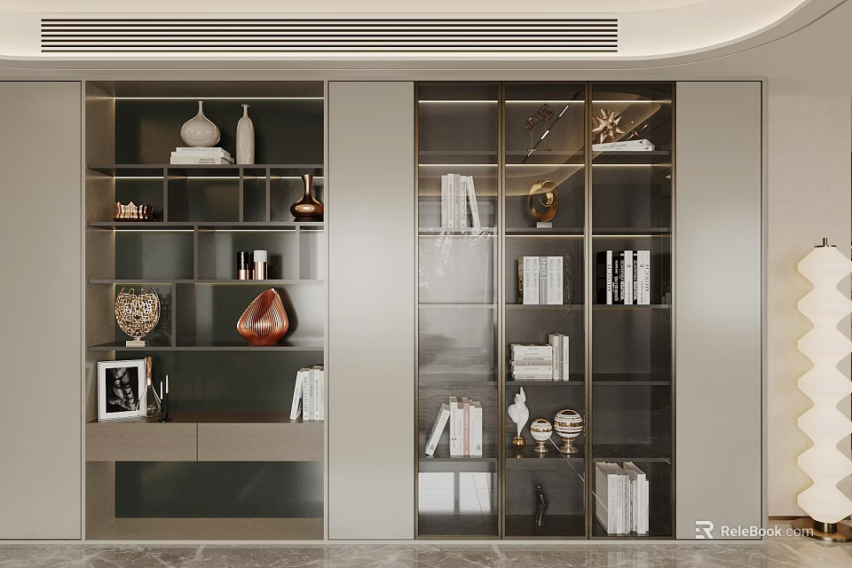 Modern Decorative Cabinet With Glass Doors Metal Frame And Ornamental Displays 3d model 