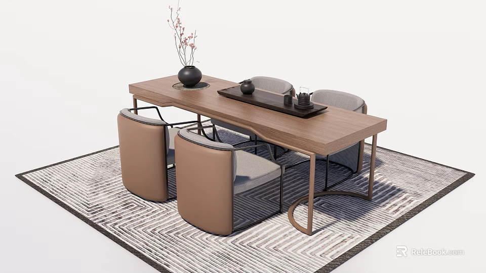 Modern Wooden Tea Table and Chairs Featuring Black Vase Dried Flowers Tray and Geometric Rug 3d model 