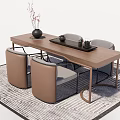 Modern Wooden Tea Table and Chairs Featuring Black Vase Dried Flowers Tray and Geometric Rug