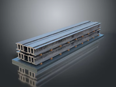 Industrial Stacked Steel Structural Beams Featuring Metallic Surface And Reflective Base 3d model