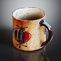Handmade Ceramic Mug With Unique Abstract Pattern Beige Base Red Black Accents And Colorful Handle
