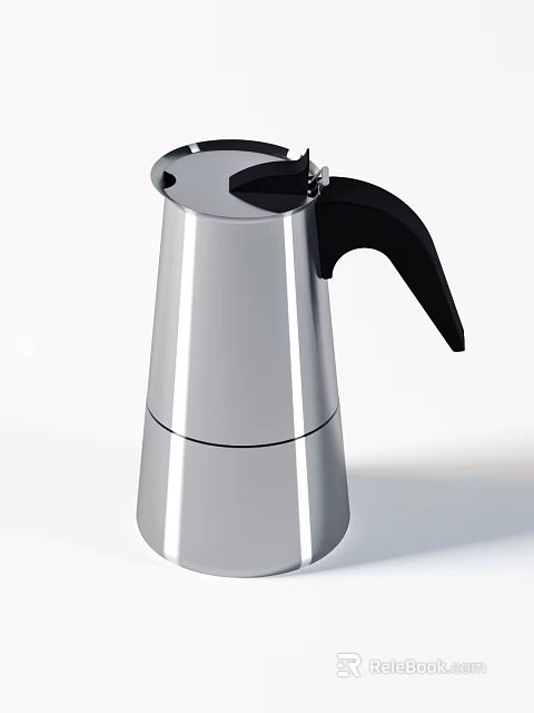 Silver Stainless Steel Moka Pot with Black Handle for Daily Kitchen Appliance Use 3d model 