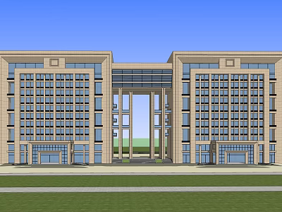 Modern Office Building Exterior With Symmetrical Architecture Large Windows And Green Lawn 3d model