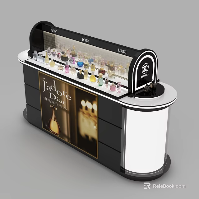 Perfume Display Shelf with Glass Showcase Multiple Bottles and Brand Logo Design 3d model 