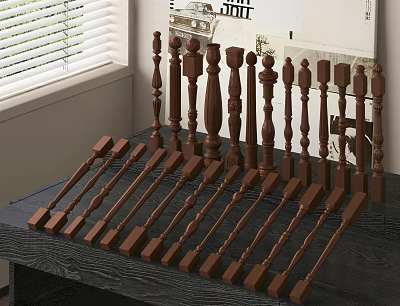 Different Types Of Wooden Railing Components Displayed In Interior Room 3d model