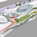 Modern Commercial Complex Architectural Design With Glass Dome Circular Structures And Green Landscaping