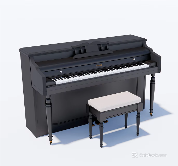 Black Upright Piano With White Padded Bench And Classic Design Features 3d model