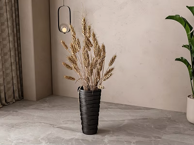 Black Woven Vase Holding Dried Wheat Ears in Interior with Light Wall and Green Plant 3d model