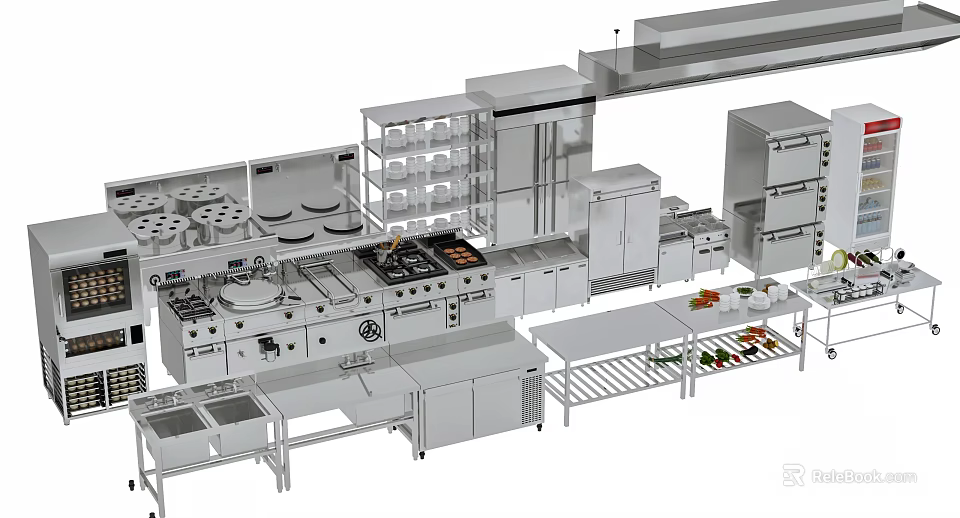 Commercial Kitchen Setup With Various Appliances Including Stoves Refrigerators And Worktables 3d model 