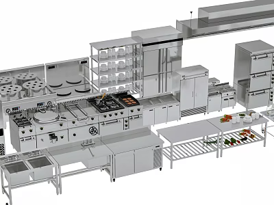 Commercial Kitchen Setup With Various Appliances Including Stoves Refrigerators And Worktables 3d model