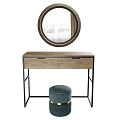 Modern Wooden Dressing Table with Black Metal Frame Round Mirror and Blue Velvet Stool