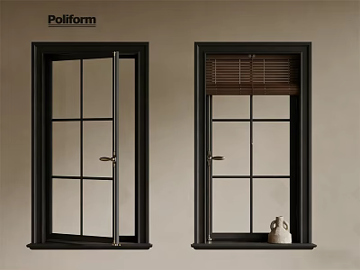 Black Framed Casement Windows With Left Open Panel And Right Blinds Decorative Item On Windowsill 3d model
