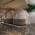 Elegant Modern Restaurant Interior With Arched Windows Striped Lighting And Bar Counter