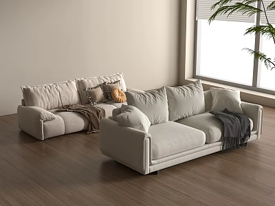 Modern Light Beige Two Seater Sofa With Throw Pillows Blanket And Wooden Floor 3d model