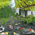 Detached Villa Courtyard Design With Circular Stone Decor And Lush Green Plants
