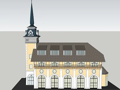 Historic Building Architectural Design With Yellow Facade Steeple Tower And Arched Windows 3d model