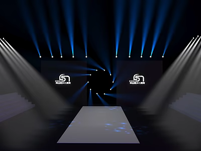 Elegant Stage with Blue Spotlights White Platform Side Stairs and Logos 3d model