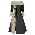Elegant Gray And Beige Dress With White Collar Long Sleeves And Lace Up Detail