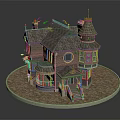Cartoon Style Fantasy House With Towers Curved Roof Round Windows And Wooden Steps On Circular Base