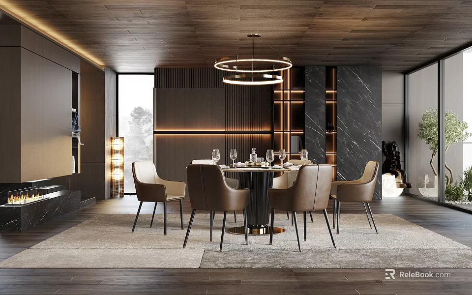 Modern Elegant Restaurant Interior With Wooden Ceiling Circular Pendant Lights Window View And Marble Walls 3d model 