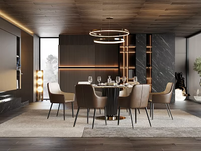 Modern Elegant Restaurant Interior With Wooden Ceiling Circular Pendant Lights Window View And Marble Walls 3d model