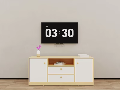 Modern White and Wooden TV Stand with Drawers Cabinets Vase and Wall Mounted TV 3d model