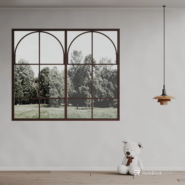 Bright Room Interior With Double Arched Window Black Frame Trees Grass Hanging Lamp Teddy Bear 3d model 
